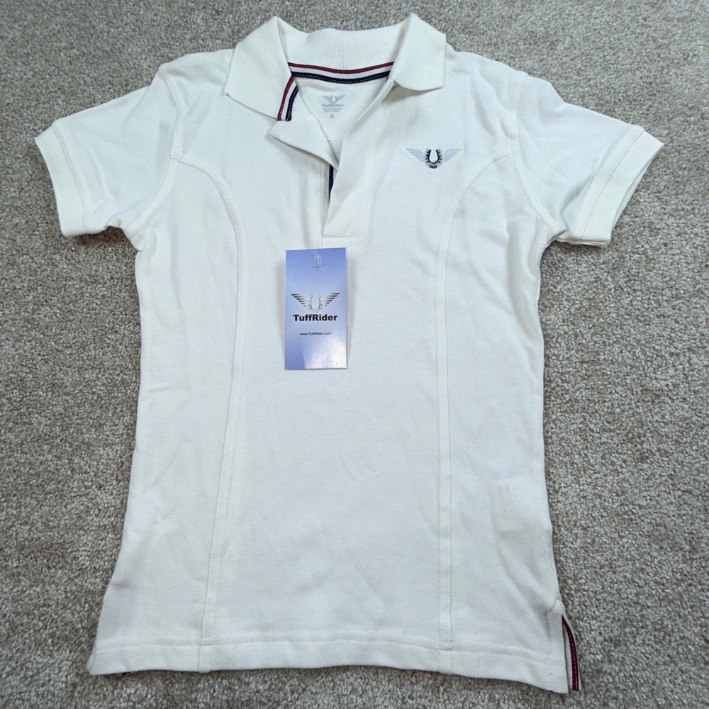 TuffRider Kids White Equestrian Polo Shirt Short Sleeve Logo Size Medium NWT